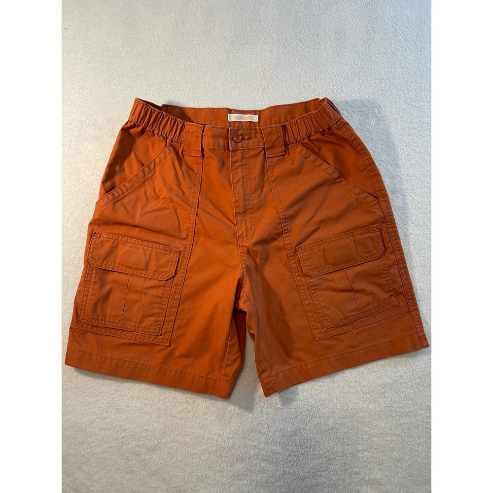 Savane Mens Orange Cargo Shorts Size 32 Elastic Waist Cotton Blend Utility